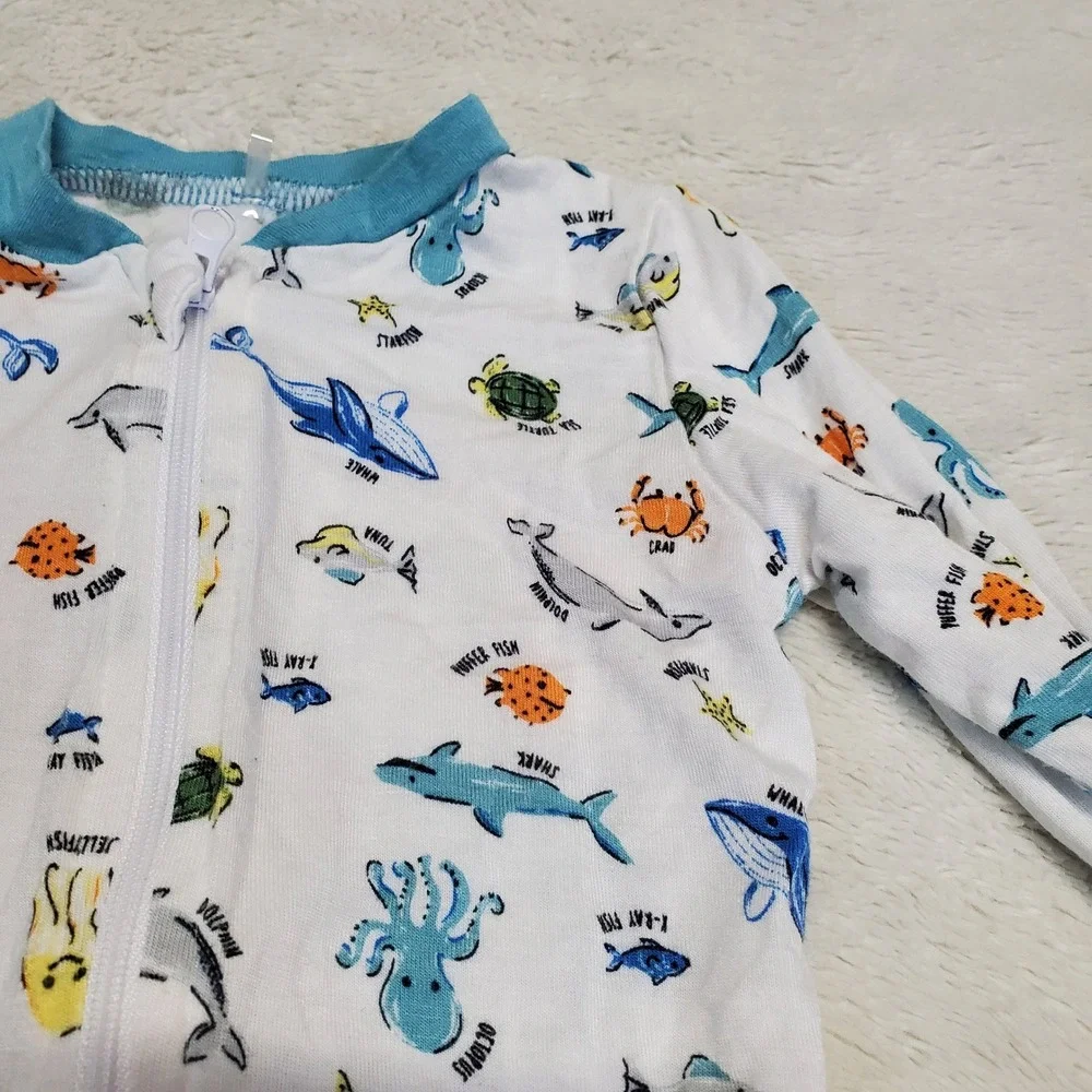 Milkberry White Blue Ocean Bamboo One Piece Pajama Baby Boy 6-9‎ Months Cozy